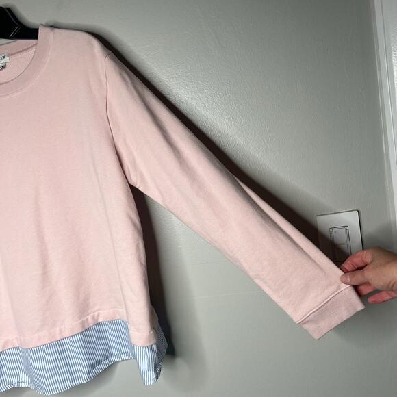 J.Crew Pink Pullover Crewneck Sweatshirt Blue White Strip Woven Hem Women's L - Picture 6 of 10
